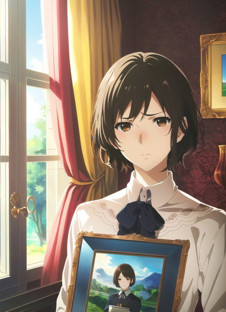 3978529328-3520702976-violet evergarden , masterpiece, best quality, 1girl, solo, window, short hair, brown eyes, indoors, looking at viewer, book, br.png